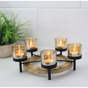 Tea Light Holder 5pc Amber Candle Jars with Round Tealight Wooden Stand Decor