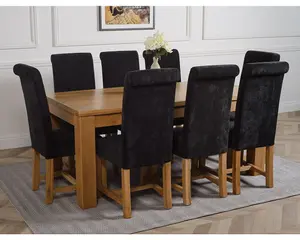 Dakota 182 x 92 cm Chunky Oak Large Dining Table and 8 Chairs Dining Set with Washington Black Fabric Chairs