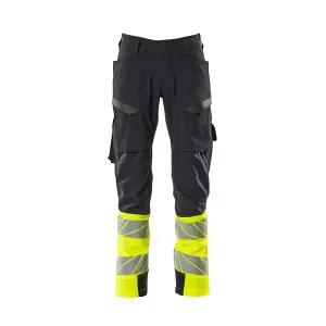 Mascot Accelerate Safe Ultimate Stretch Trousers with Thigh Pockets - Dark Navy/Hi-Vis Yellow   (35.5) (Leg Length - Long)