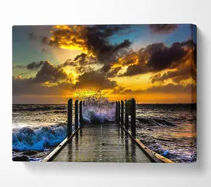 Waves Crashing On The Pier At Sunset Canvas Print Wall Art - Medium 20 x 32 Inches