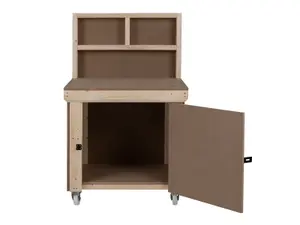 Wooden MDF Top Workbench With Lockable Cupboard (V.9) (H-90cm, D-70cm, L-90cm) with back panel and wheels