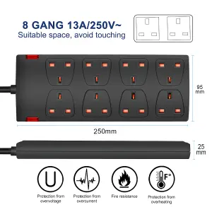 Extrastar 8 Way Socket 13A, 5M, Black, with Indicate Light,  Child-Resistant Sockets