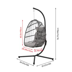 Grey Foldable Single Egg Chair Hanging Basket with Metal Bracket and Seat Cushion