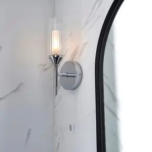 Chrome Plated Bathroom Wall Light - Ribbed Glass Shade & Frosted Diffuser