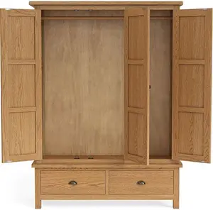 Oak World Ancroft Oak Triple Wardrobe 3 Doors & 2 Drawers With A Natural Waxed Finish & Bronzed Handles