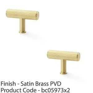 2 PACK - Reeded T Bar Cupboard Door Knob - 55mm x 38mm Satin Brass Lined Pull Handle