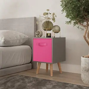 URBNLIVING 50cm Height Dark Pink 1-Drawer Cube Grey Shelving Unit with Scandinavian Beech Legs