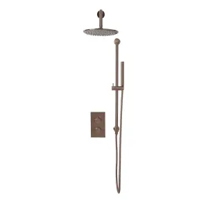 UK Home Living Avalon Core Round Handle Thermostatic Shower Valve, Drench head & handset Riserkit Brushed BRONZE