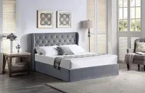 Ottoman Storage Bed With Mattress & Tall Velvet Winged Headboard