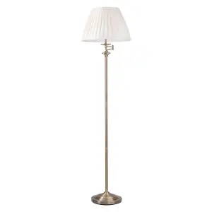 First Choice Lighting Set of 2 Antique Brass Swing Arm Floor Lamps with White Pleated Shades