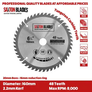 Saxton TCT Circular Saw Blade 160mm x 48 teeth x 20mm Bore & 16mm Ring