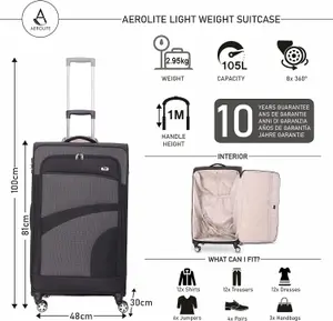 Aerolite Large 30in Lightweight 8 Wheel Eco Friendly Travel Checked Check In Hold Luggage Suitcase with TSA Lock Black Grey