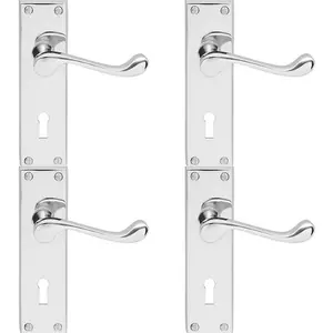 4 PACK - Victorian Scroll Latch & Lock Door Handle - Polished Chrome Lever on Backplate