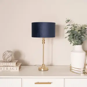 ValueLights Maggie Gold Candlestick Table Lamp with Navy Blue Velvet with Gold Inner Lamp Shade