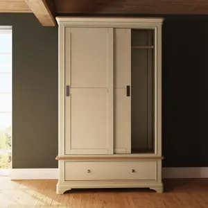 2 Door 1 Drawer Sliding 1.2M Combination Wardrobe Putty Painted Oak