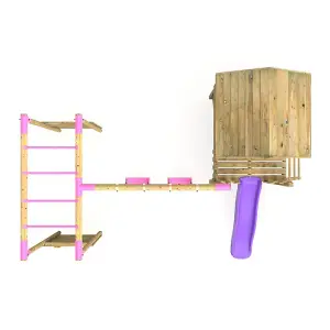 Rebo Orchard 4ft Wooden Children's Playhouse, Swings, Monkey Bars, Deck & 6ft Slide - Double Swing - Venus Purple