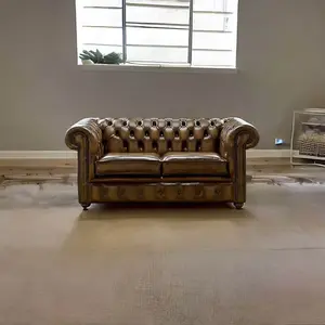 Chesterfield 2 Seater Antique Gold Real Leather Sofa Settee Bespoke In Classic Style