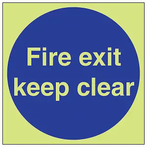 Fire Exit Keep Clear Door Safety Sign - Glow in Dark - 300x300mm (x3)