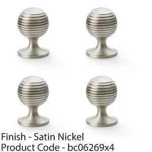 4 PACK - Reeded Ball Door Knob - 38mm Diameter Satin Nickel Lined Cupboard Pull Handle