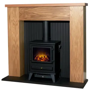 Adam New England Stove Fireplace in Oak & Black with Hudson Electric Stove in Black, 48 Inch