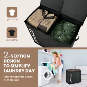 Costway 105L Laundry Hamper 2-Section Non-woven Fabric Laundry Basket w/ Lid Handles