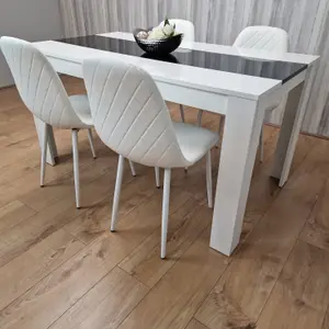 White Black Dining Table Wooden with 4 White Stitched Leather Chairs Set