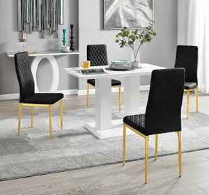 Furniturebox UK 4 Seater Dining Set - Imperia White High Gloss Dining Table and Chairs - 4 Black Velvet Milan Gold Leg Chairs