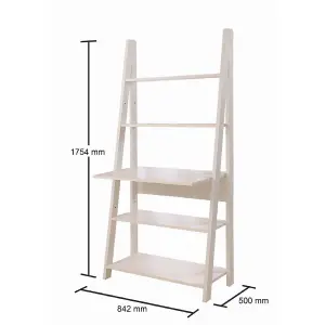 Riva Ladder Bookcase with 5 Tier Shelves & Overhanging Desk Shelf in White