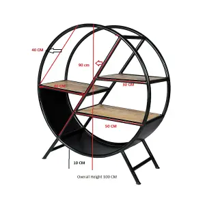 Kingwood Upcycled Industrial Iron Wooden Round 3 Open Shelves Bookcase