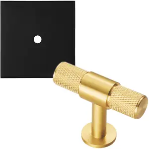 Cabinet Door Knob & Contrasting Backplate Set - Knurled T Bar Pull - Satin Brass & Matt Black