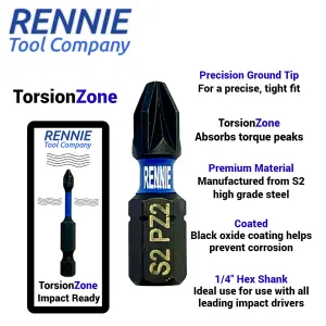 Rennie Tools 20 Pack PZ2 x 25mm Long Impact Driver Screwdriver Bits Set Pozidriv (Pozi 2) Heavy Duty