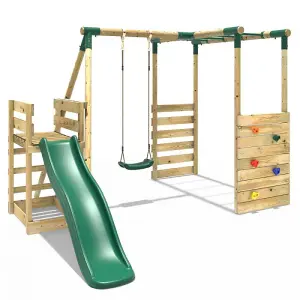 Rebo Wooden Children's Swing Set with Monkey Bars plus Deck & 6ft Slide - Single Swing - Solar Green