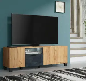 Furneo 150cm TV Stand Oak & Black Concrete Effect Unit Cabinet White LED Lights Enzo 04