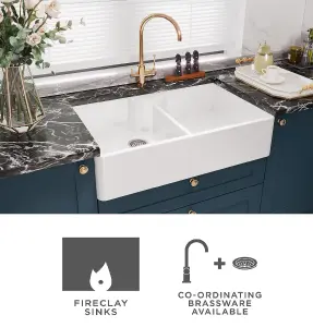 895mm - Double Bowl Fireclay Butler Kitchen Sink -  Stepped Weir, Mixer Tap & Wastes