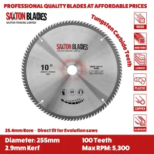 Saxton TCT255100T254BMPB TCT Circular Saw Blade 255mm x 100T x 25.4mm Bore Aluminium Laminate Hardwood