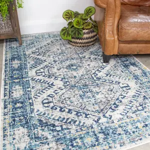 Navy Blue Grey Bordered Geometric Distressed Area Rug 60x110cm