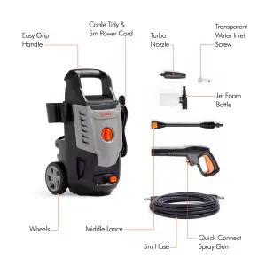 VonHaus Pressure Washer 1600W, Portable Power Washer for Patio, Car, Fences, Jet Wash w/ Accessories, 130 Bar Max Water Pressure