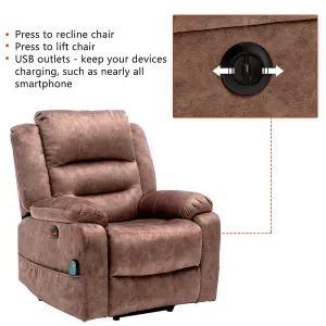 Electric Power Lift Recliner Chair Sofa with Massage and Heat for Elderly, 2 Side Pockets USB Ports, Brown, Fabric