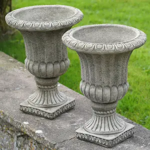 Pair of Large Fluted Stone Urns Outdoor Garden Planters