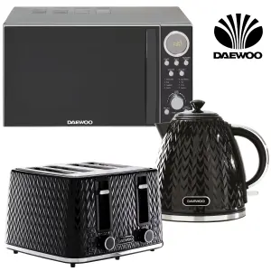 Daewoo Argyle Black 1.7L 3000W Kettle 4-Slice Toaster & Multi-Function Microwave with 8 Presets