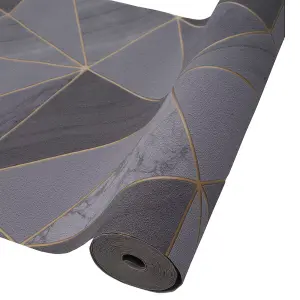 Dark Grey Simple PVC Wallpaper Gold Line Rhombus Geometrical 3D Wallpaper Roll, Non Self Adhesive Wall Covering Paper 5m²