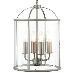 4 Light Hanging Ceiling Pendant Nickel & Glass Lantern Shade Lamp Bulb Holder