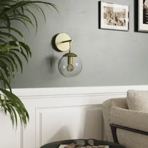 GoodHome Dacite Ball Clear Shade Satin Brass effect Wired LED Wall light