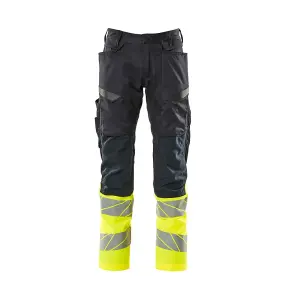 Mascot Accelerate Safe Trousers with Kneepad Pockets - Dark Navy/Hi-Vis Yellow   (50.5) (Leg Length - Regular)