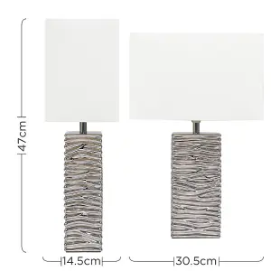 ValueLights Etienne Modern Silver Ripple Effect Ceramic Table Lamp with White Light Shade and LED Bulb