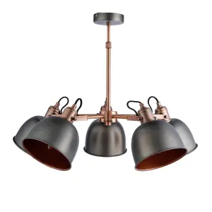 nielsen Langley 5 Light Industrial Chandelier, Matt Silver / Antique Copper Finish, 52cm Wide