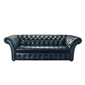 Chesterfield 3 Seater Sofa Buttoned Seat Antique Blue Leather In Balmoral Style