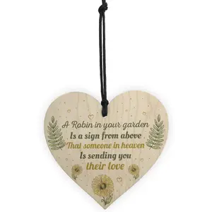 Red Ocean Robin Garden Memorial Grave Wooden Hanging Heart Sign Rememberance Plaque Inspirational Gift