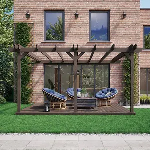 Wall Mounted Double Garden Pergola and Decking Kit - Wood - L480 x W480 cm - Rustic Brown