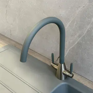 Liquida LB01GR Swan Neck Twin Lever Brushed Steel and Grey Kitchen Tap